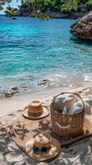 Picnic basket, a clear blue sea, with a simple thin mat laid out on the beach, featuring pillows, sunglasses and hats arranged neatly. Beautiful summer scene with natural lighting.