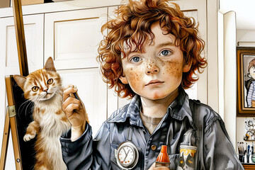 Cute little boy with freckles and red curly hair playing with ginger cat.