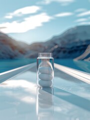 A clear medicine bottle filled with white pills is set against a backdrop of mountains under a light blue sky. Sense of modernity and innovation. Advancements in hospital and health care.