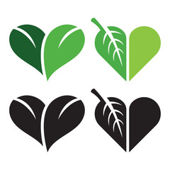 heart shaped leaves icons, green and black logos,isolated vector illustration, design elements for eco,natural,vegan,bio themes