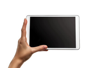 A hand holding a white tablet. The tablet is turned off.