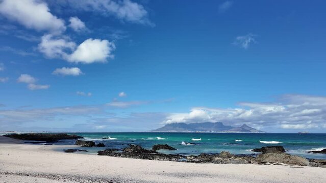 Bloubergstrand west coast South Africa.  19. 04. 2024. View of Cape Town and Table Mountain from the seaside resort of Bloubergstand   across Table Bay on the West Coast of South Africa.