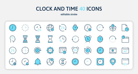 Clock and time 40 color blue line icons set. Timing, timer, alarm, watch, hour sign or symbol. Isolated on a white background. Pixel perfect. Editable stroke. 64x64.