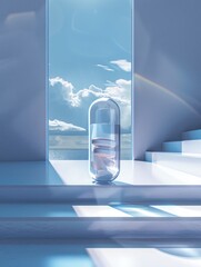Medicine pill in clear material, with smaller white tablets inside. Contemporary glass ambiance, light blue sky and white clouds. Modern pharmacy and technology. Medicine advertising. Health sickness