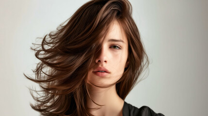 A woman with long hair and a black shirt.