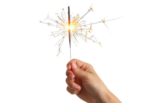 Hand holding a lit sparkler against a black background.