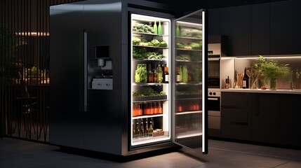 A sleek and stylish smart refrigerator stocked with fresh produce and connected to the internet.