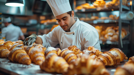 Bakery chef cooking bake croissants in the kitchen professional --ar 16:9 --stylize 300 Job ID:...