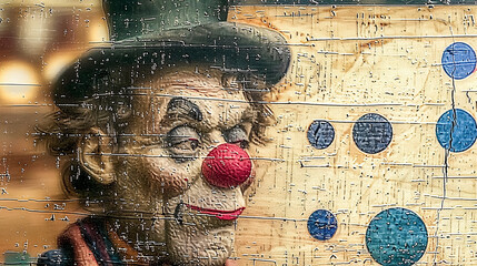 Funny clown on the street. Close-up. Photo in old color image style