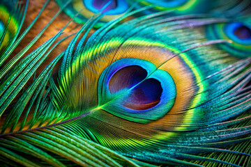 Obraz premium Close-up Photograph Peacock Feather Vivid Blues Greens