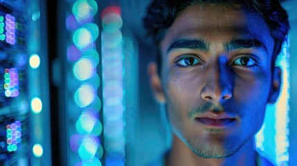 The close up picture of the IT specialist man from south asia is looking at camera and working in the server room, the IT specialist require skill like technology knowledge and data analysis. AIG43.tt