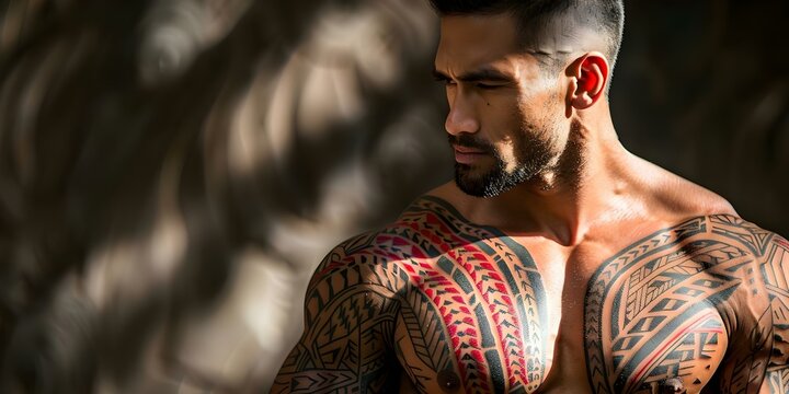 Muscular Man Displaying Polynesian-Inspired Tattoo Artistry. Concept Tribal Tattoos, Polynesian Culture, Muscular Man, Body Art, Tattoo Artistry