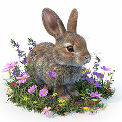 Fototapeta premium A rabbit is sitting in a field of flowers