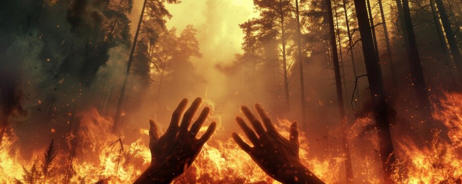 Person with outstretched hands facing a raging forest fire
