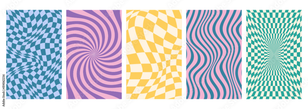 Aufkleber set of psychedelic checkerboard background with warped grid tile, tunnel, spiral and swirl. checkere