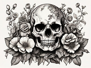 Skull in flowers sketch hand drawn engraving style illustration