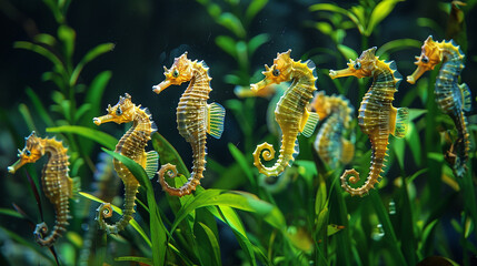 Naklejka premium A group of seahorses are swimming in a green plant