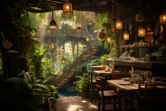 Exotic Jungle cafe thailand. Wooden forest. Generate Ai