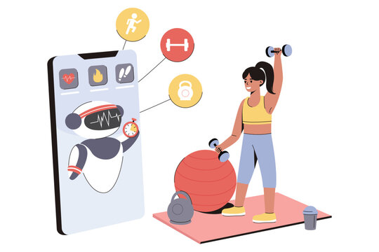 Personal coaching, online training with ai fitness chatbot. Woman use artificial intelligence for engage health goals. Robot in mobile app help doing healthy exercises. Sport athletic coach technology