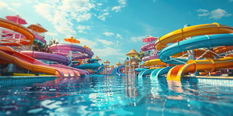 Aquapark. Beautiful colorful water park, slides, swimming pool. Summer vacation concept