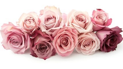 Bouquet of roses in various shades of pink against a clean white background, their soft colors evoking feelings of love and tenderness.