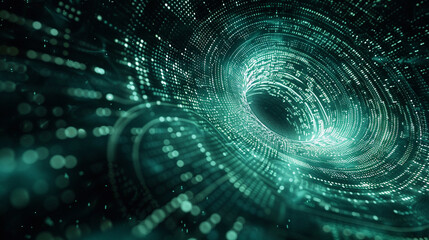 Cybernetic vortex, a spiraling core of matrix code drawing into darkness