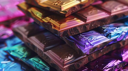 A stack of gourmet chocolate bars wrapped in colorful foil, ready for indulgence