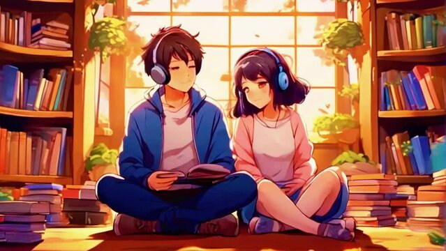 Two angelic young lovers, 2D flat Japanese anime-style 4k lofi hip-hop bites landscape music background animation video