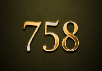 Old gold effect of 758 number with 3D glossy style Mockup.