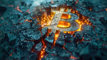 Shattered Bitcoin Symbol: Surreal Illustration Reflecting Dystopian Narrative of Crypto Collapse