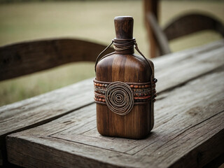 Artisanal handmade wooden boho chic style bottle.