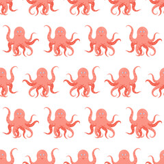 Seamless pattern with cute pink octopus. Maritime background and cute sea animal. Underwater life. Print for design, fabric, banner, embroidery, wallpaper. Vector illustration