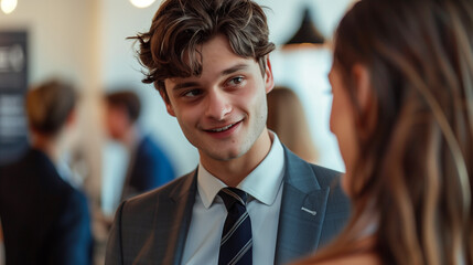 Young businessman in suit smiling at a networking event.