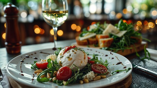 Elegant Italian dinner setting with burrata and wine