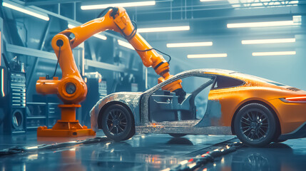 Automated Robotic Arms Assembling a Luxury Car on an Advanced Automotive Production Line