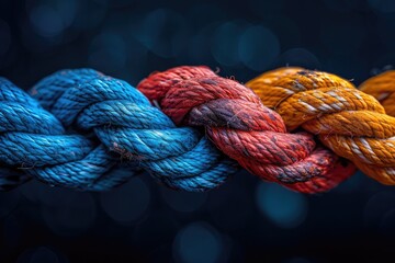 Team rope diverse strength connect partnership together teamwork unity communicate support. Strong diverse network rope team concept integrate braid color background cooperation empower power.