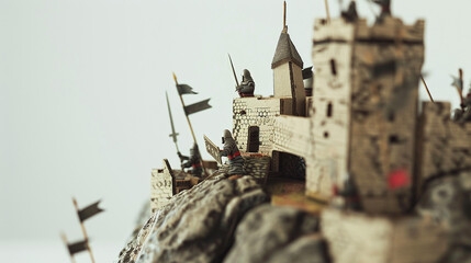 macro tilt-shift photography of tiny cardboard handmade figure of an antique medieval castle with warriors holding spades defending the realm.