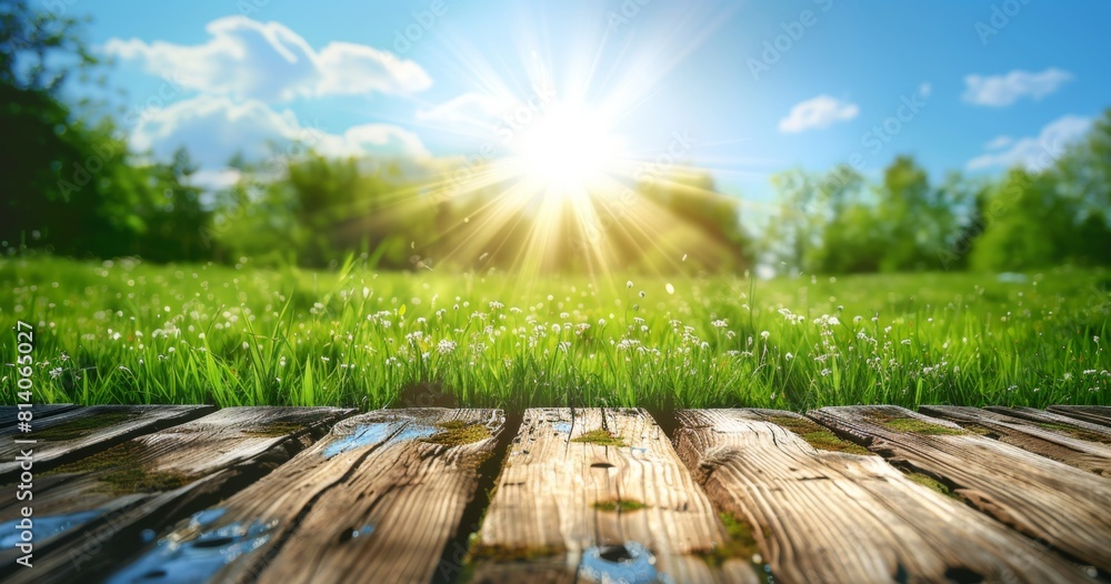 Poster spring background with green grass and a wooden table top against a blue sky with bokeh sun rays spr