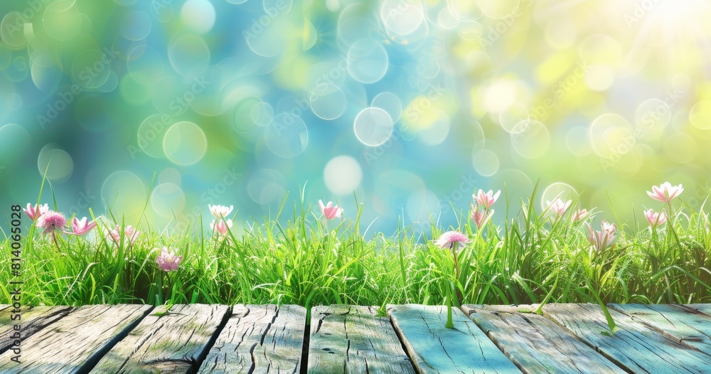 Poster spring background with green grass and wooden table top, copy space for product presentation spring 