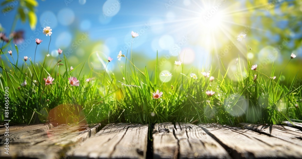 Poster spring background with green grass and a wooden table top, blue sky with bokeh light in the style of