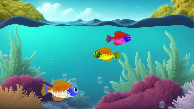 Underwater world video. Animated fish swim between seaweed and coral, sea bubbles rise up and burst