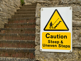 Warning sign caution steep and uneven steps