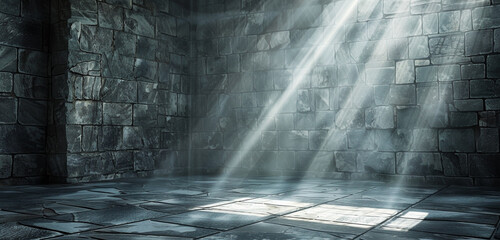 Fototapeta premium Serene vintage atmosphere in a slate grunge room with subtle sun rays.