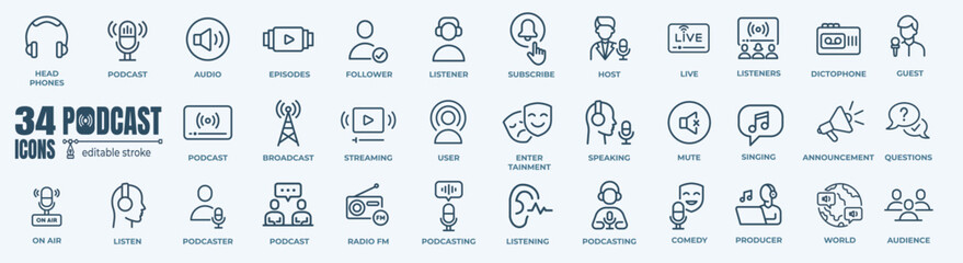 Podcast,broadcast and stream line icon set. Outline editable icons collection. Simple vector illustration.