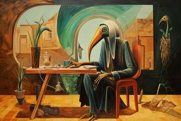 Artistic painting of a plague doctor sitting thoughtfully at a table in a historic room setting