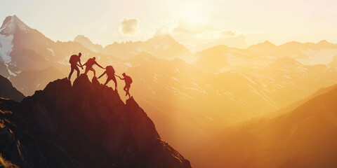 Panoramic view of team of people holding hands and helping each other reach the mountain top in spectacular mountain sunset landscape