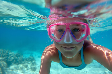 Naklejka premium Young Girl Swimming Underwater with Snorkel Mask