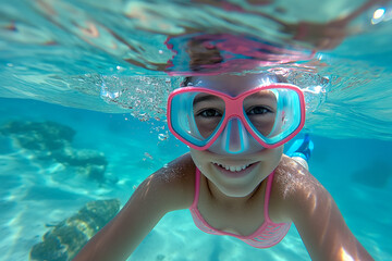 Naklejka premium Young Girl Swimming Underwater with Snorkel Mask