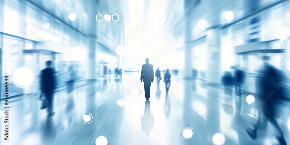 Poster connected workforce: abstract network of human figures representing business connections and social 