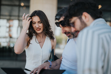 A diverse team of business professionals in a meeting discussing strategic planning, analyzing...